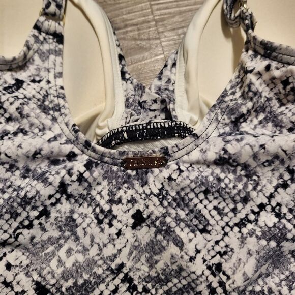 Calvin Klein Printed Plunge Swimsuit-BLACK WHITE-6 - Picture 6 of 8